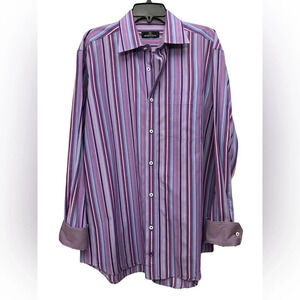 Bugatchi Uomo Men’s Long Sleeve Flip Cuff Purple Striped Button Up Shirt Size XL